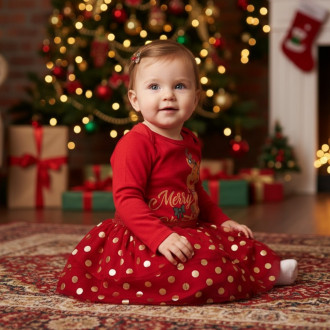 Коледен комплект от боди и поличка в червено