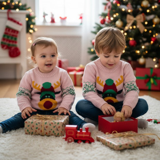 Детски коледен пуловер с елен в опушено розово