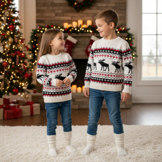 Детски коледен пуловер в бежово