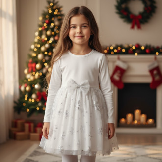 Коледна плътна рокля със снежинки в екрю