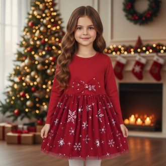 Коледна плътна рокля със снежинки в червено