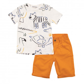 Летен памучен комплект за момчета "Animal art" в бяло и оранжево 1