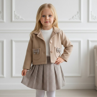 Комплект за момичета с панделки и бежов пепит