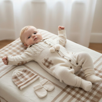 Бебешки подаръчен комплект от плетиво в бежов