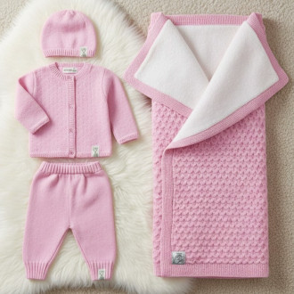 Зимен комплект за новородено от плетиво в розово