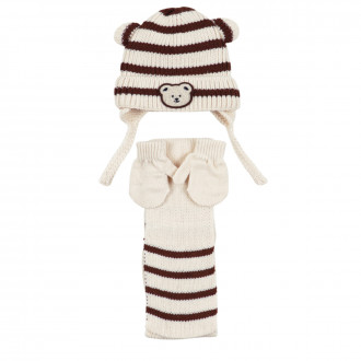 Комплект шал, шапка и ръкавички "Мече" в екрю и кафяво