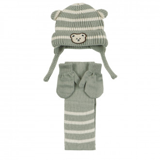 Комплект шал, шапка и ръкавички "Мече" в зелено и екрю