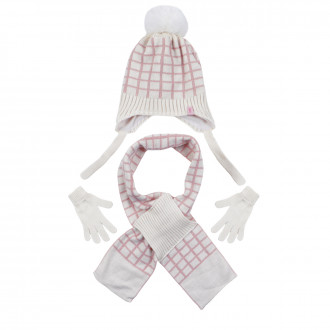 Комплект шал, шапка и ръкавички "Squares" в екрю
