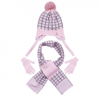Комплект шал, шапка и ръкавички "Squares" в розово