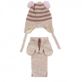 Комплект шал, шапка и ръкавички в бежово райе