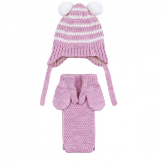 Комплект шал, шапка и ръкавички в лилаво райе