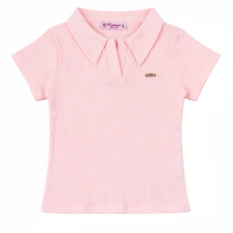 Лятна рипсена блуза с якичка в светлорозово 