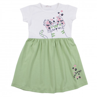 Лятна трикотажна рокля "Meow" в бяло и светлозелено 1