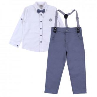 Официален комплект с папийонка и тиранти в бяло и гълъбово синьо