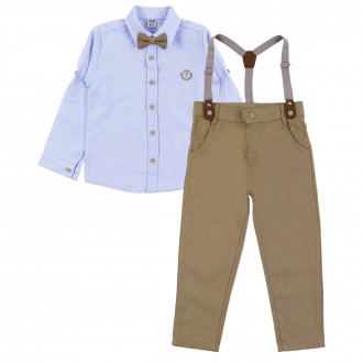 Официален комплект с папийонка и тиранти в синьо и бежово