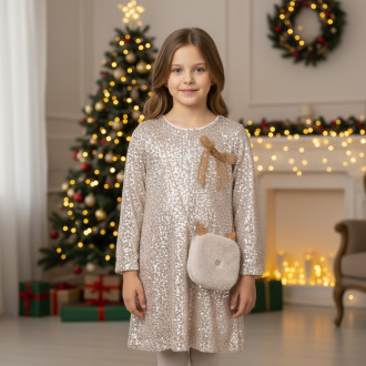 Официална рокля с бляскъв ефект и аксесоар