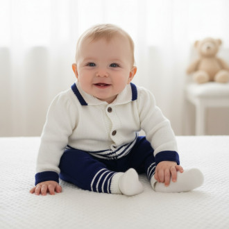 Бебешки гащеризон от плетиво в екрю и тъмносиньо