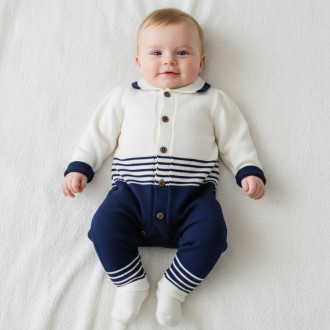 Бебешки гащеризон от плетиво в екрю и тъмносиньо