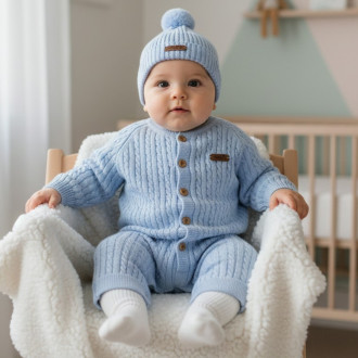 Бебешки ромпър от плетиво с шапка в синьо