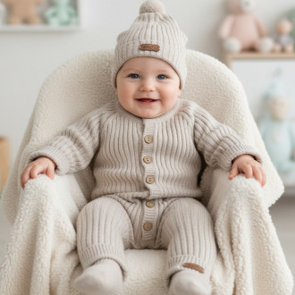 Бебешки ромпър от плетиво с шапка "Soft heat" в бежово