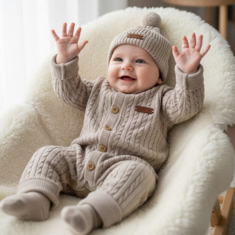 Бебешки ромпър от плетиво с шапка в бежово