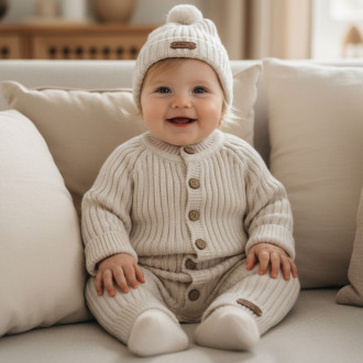 Бебешки ромпър от плетиво с шапка "Soft heat" в светлобежово