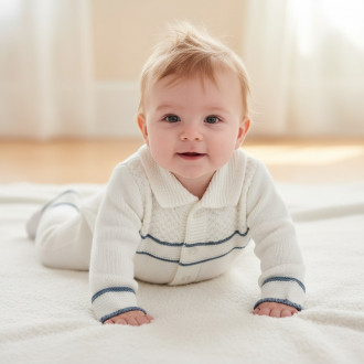 Бебешки гащеризон от плетиво в екрю и синьо