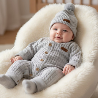 Бебешки ромпър от плетиво с шапка в сив меланж