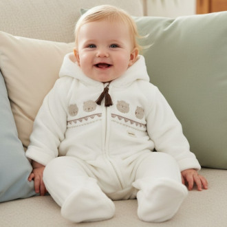 Бебешки плюшен ромпър с цип в екрю