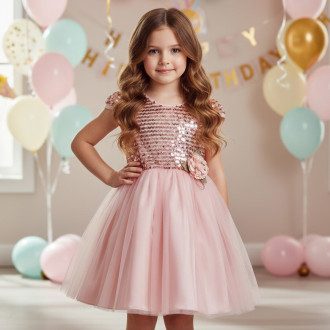 Детска празнична рокля с пайети в пудра 1