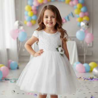 Детска празнична рокля с пайети в бяло