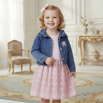 Дантелена детска рокля с дънково яке в розово