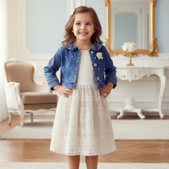 Дантелена детска рокля с дънково яке в бежово