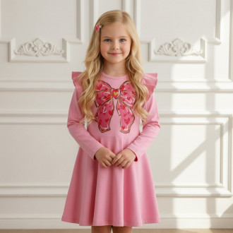 Детска трикотажна рокля с волани в розово