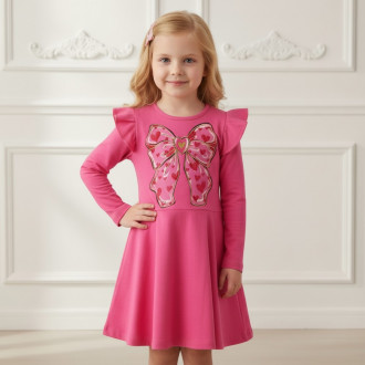 Детска трикотажна рокля с волани в наситено розов