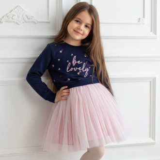 Детска плътна рокля "Be lovely" в тъмносиньо и розово 1