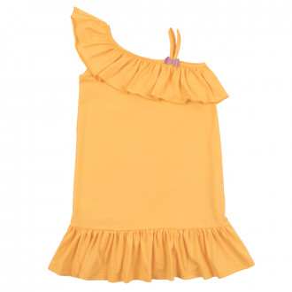 Детска асиметрична рокля с голо рамо в наситено жълто 1
