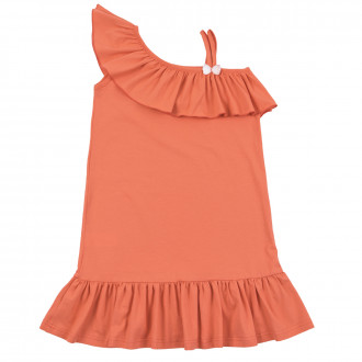 Детска асиметрична рокля с голо рамо в цвят сьомга 1