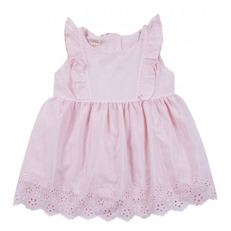 Лятна бебешка рокля с къдрички и рязана дантела в розово 1