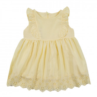 Лятна бебешка рокля с къдрички и рязана дантела в жълто 1