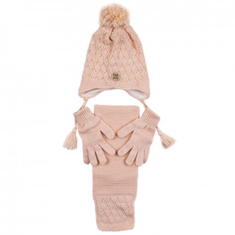 Комплект шал, шапка и ръкавички "Girls rule" в праскова