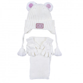 Комплект шал, шапка и ръкавички "Love" в кремаво бяло