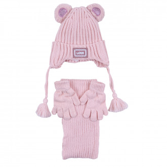 Комплект шал, шапка и ръкавички "Love" в пудра