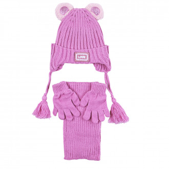 Комплект шал, шапка и ръкавички "Love" в руж