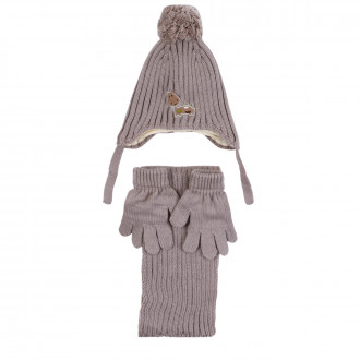 Комплект шал, шапка и ръкавички ''Дино'' в тъмнобежово
