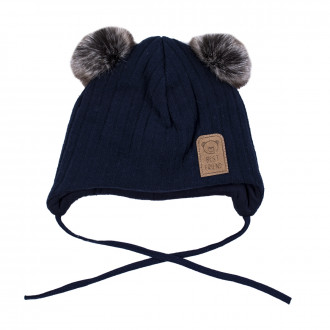 Зимна трипластова шапка от едър рипс с пискюли в синьо
