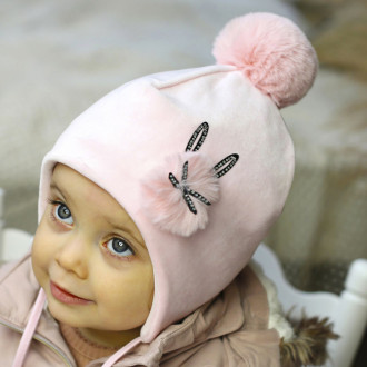 Зимна трипластова шапка с пискюл в цвят пудра