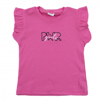 Тениска с къдрички от памучен рипс "Pwr girls" в наситено розово 1