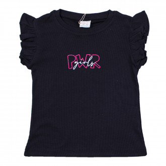Тениска с къдрички от памучен рипс "Pwr girls" в черно 1