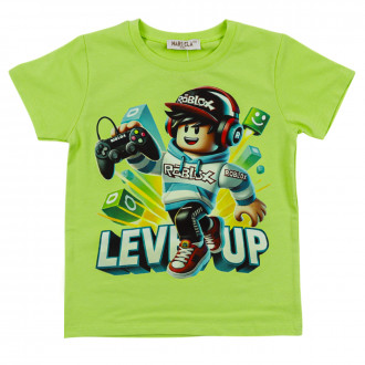 Детска памучна тениска "level up" в зелено 1
